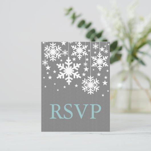 Sneeuwvlokken en sterren RSVP-Briefkaart, grijs Uitnodiging Briefkaart (Staand voorkant)