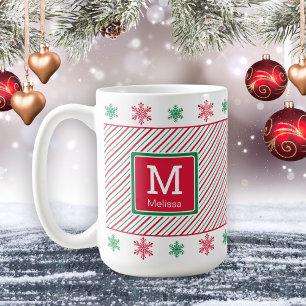 Sneeuwvlokken en strepen Monogram Kerst Mok