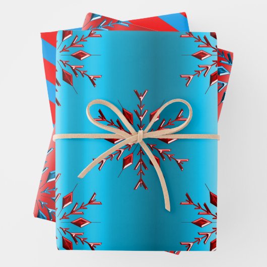 Sneeuwvlokken en strepen Rood en Blauw Kerstmis Inpakpapier Vel (In situ)