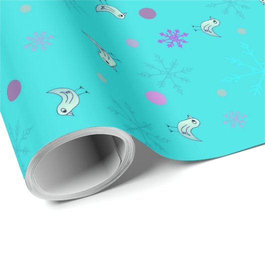 Sneeuwvlokken en vogels_Aqua Cadeaupapier (Rol Hoek)