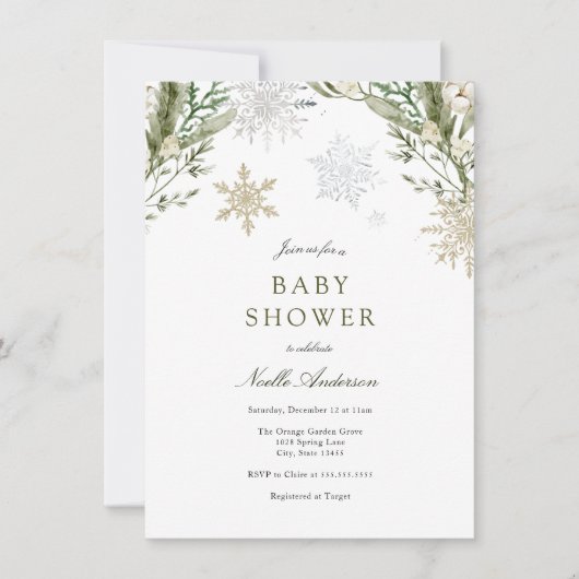 Sneeuwvlokken en Winter Greenery Baby shower Kaart (Voorkant)