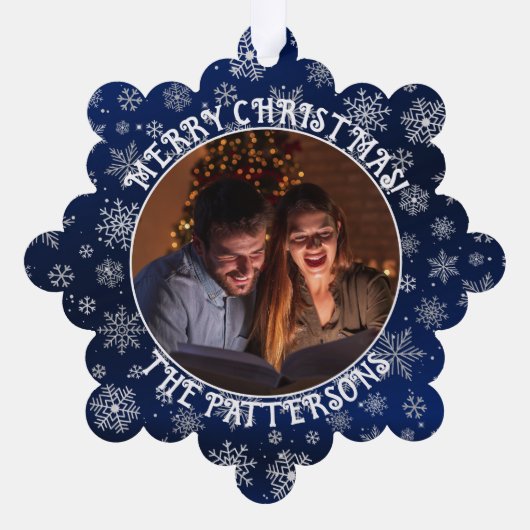 Sneeuwvlokken Familie Foto Blauw Papier Ornament K (Achterkant)