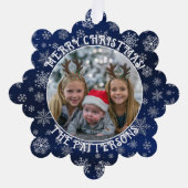 Sneeuwvlokken Familie Foto Blauw Papier Ornament K (Voorkant)
