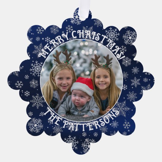 Sneeuwvlokken Familie Foto Blauw Papier Ornament K (Voorkant)
