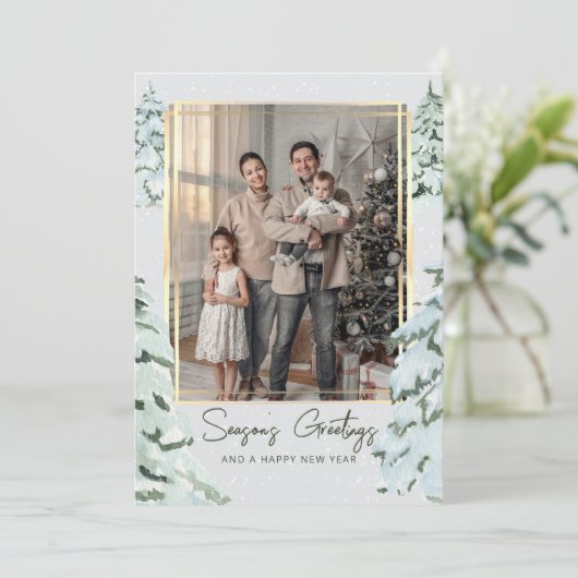 Sneeuwvlokken Familiefoto Scandi Pine Kerstboom Feestdagenkaart (Staand voorkant)