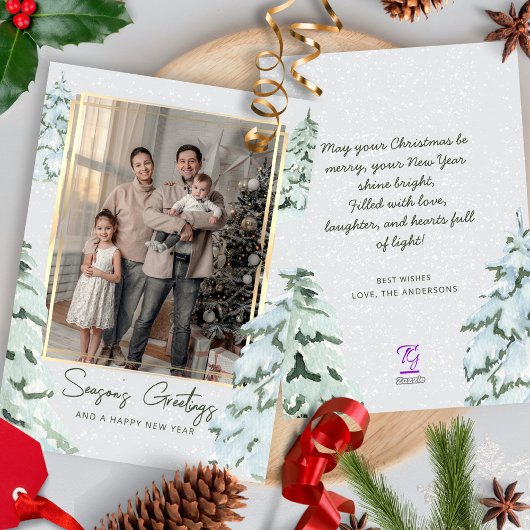 Sneeuwvlokken Familiefoto Scandi Pine Kerstboom Feestdagenkaart