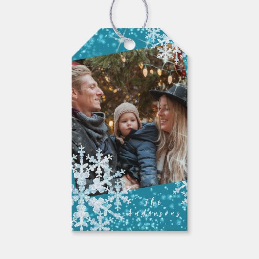 Sneeuwvlokken Foto Aqua Cadeaulabel (Voorkant)