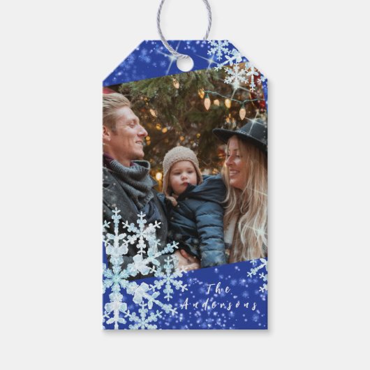 Sneeuwvlokken Foto Blauw Cadeaulabel (Voorkant)