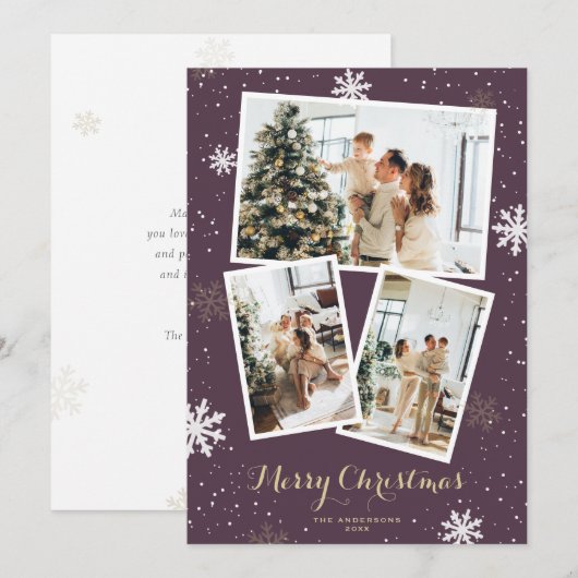 Sneeuwvlokken Fotocollage Paarse Vrolijk Kerstfees Feestdagenkaart (Voorkant / Achterkant)