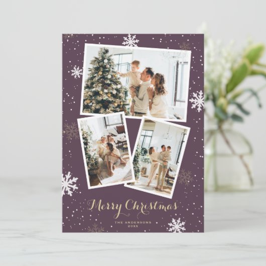 Sneeuwvlokken Fotocollage Paarse Vrolijk Kerstfees Feestdagenkaart (Staand voorkant)