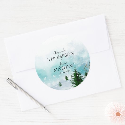 Sneeuwvlokken Frosty Winter Bruiloft Ronde Sticker (Envelop)