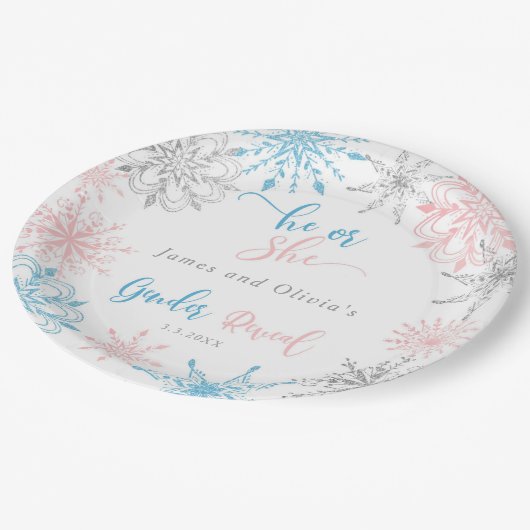 Sneeuwvlokken geslacht onthullen hij of zij papieren bordje (Gekanteld)