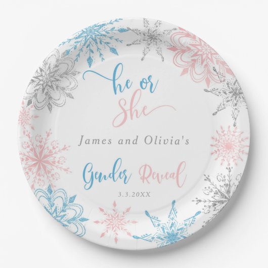 Sneeuwvlokken geslacht onthullen hij of zij papieren bordje (Voorkant)