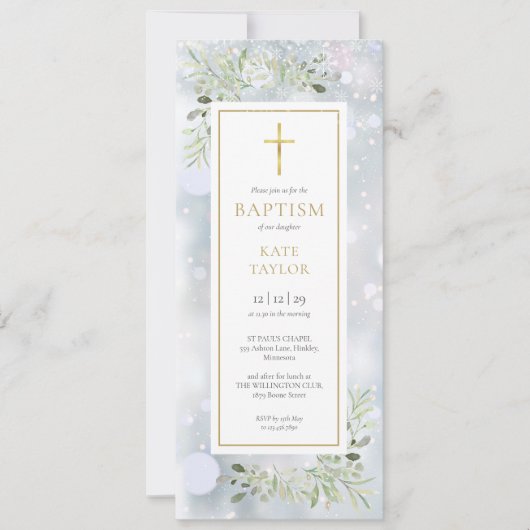 Sneeuwvlokken Groene Winter Doop Uitnodiging (Voorkant)