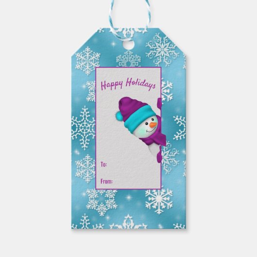 sneeuwvlokken in aqua met sneeuwman cadeaulabel (Voorkant)
