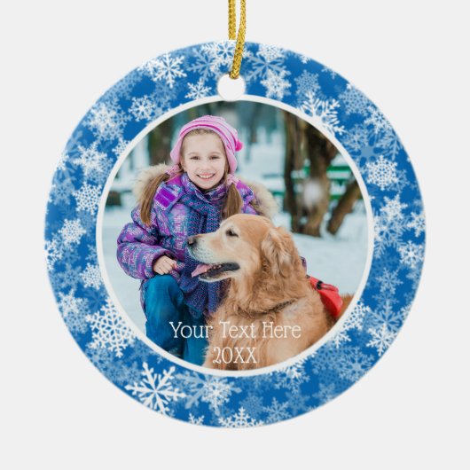 Sneeuwvlokken in Blauw en Wit, Twee Foto's, Twee S Keramisch Ornament (Voorkant)