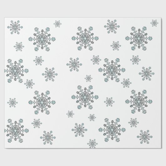 Sneeuwvlokken in Zilverwit en Blauw op Wit Cadeaupapier (Vlak)