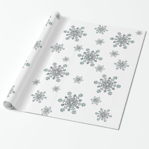 Sneeuwvlokken in Zilverwit en Blauw op Wit Cadeaupapier