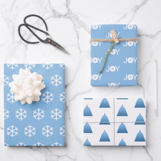 Sneeuwvlokken, joy en kerstboom blauw patroon inpakpapier vel (Voorkant)