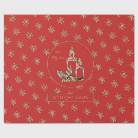 Sneeuwvlokken Kaarsen Holly Rood en Gouden Kerstmi Cadeaupapier (Vlak)