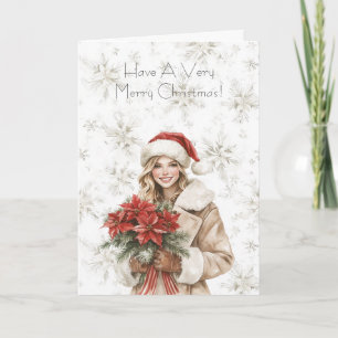 Sneeuwvlokken Kerst Blond Vrouw Poinsettia Bloem Kaart