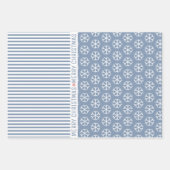 Sneeuwvlokken, kerstbomen, stoffige blauwe strepen inpakpapier vel (Voorkant)