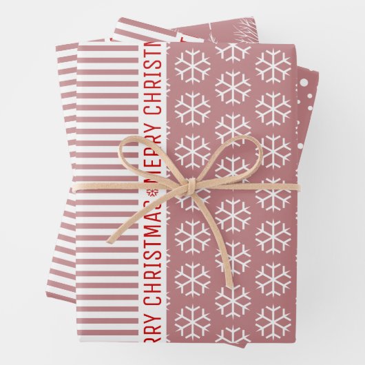 Sneeuwvlokken, kerstbomen, stoffige rozen strepen  inpakpapier vel (In situ)