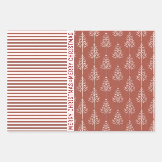 Sneeuwvlokken, kerstbomen terracotta strepen rood inpakpapier vel (Voorkant 3)