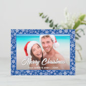 Sneeuwvlokken kerstfoto 2 Design blauw Feestdagenkaart (Staand voorkant)