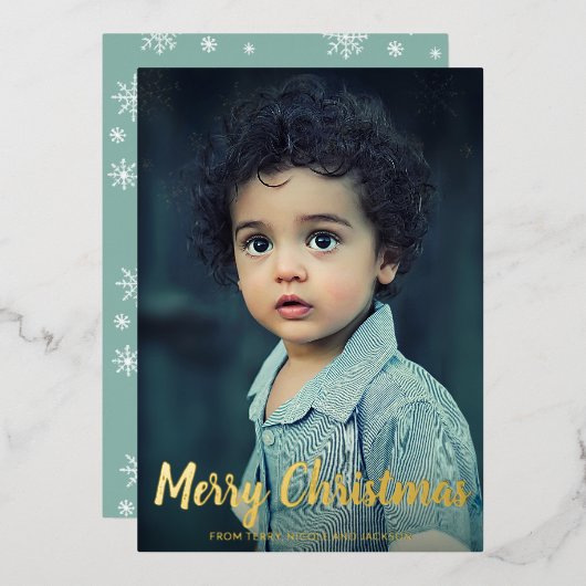 Sneeuwvlokken krijt Script Foto Modern Kerstmis Folie Feestdagenkaart (Voorkant / Achterkant)
