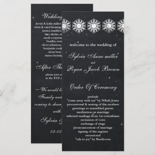 sneeuwvlokken krijtbord winter bruiloft programma programmakaart (Voorkant / Achterkant)