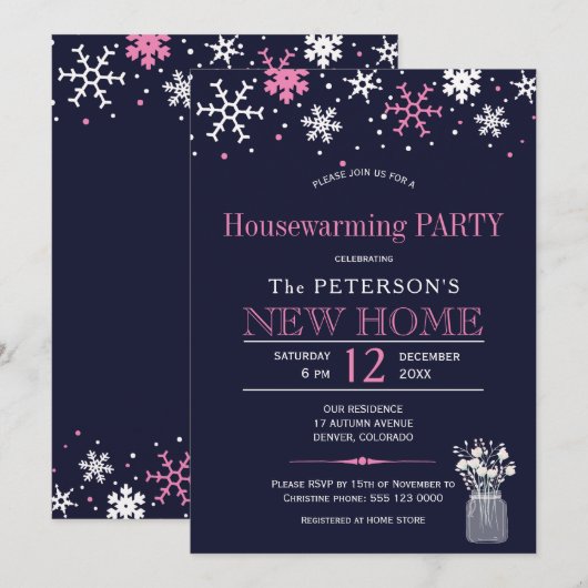 Sneeuwvlokken marine roze winter housewarming part kaart (Voorkant / Achterkant)