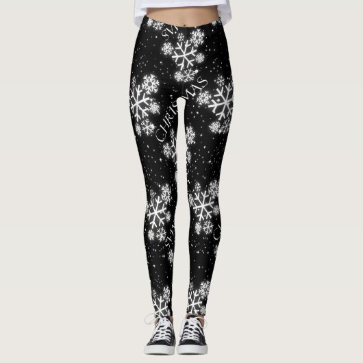 Sneeuwvlokken met kerstfoto's op BLACK Leggings (Voorkant)