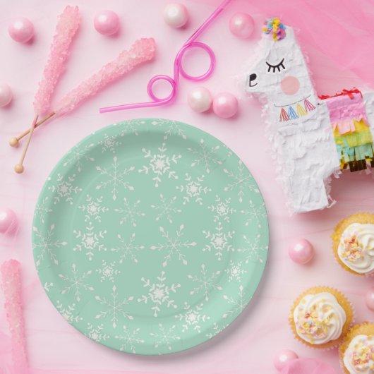 Sneeuwvlokken met lichtgroene achtergrond papieren bordje (Feest)