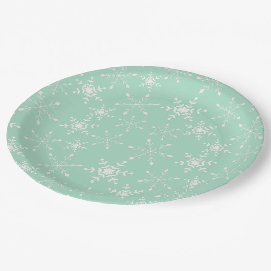 Sneeuwvlokken met lichtgroene achtergrond papieren bordje (Gekanteld)