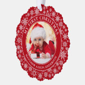 Sneeuwvlokken Mijn eerste kerstfoto rood Ornament Kaart (Links)