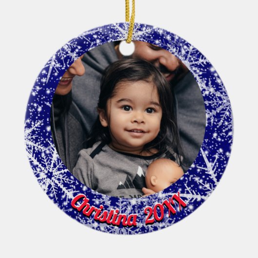 Sneeuwvlokken, naam, Jaar #, 2 Foto's Keramisch Ornament (Voorkant)
