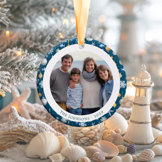 Sneeuwvlokken & Nautische Familie Kerstmis 2-zijdi Keramisch Ornament