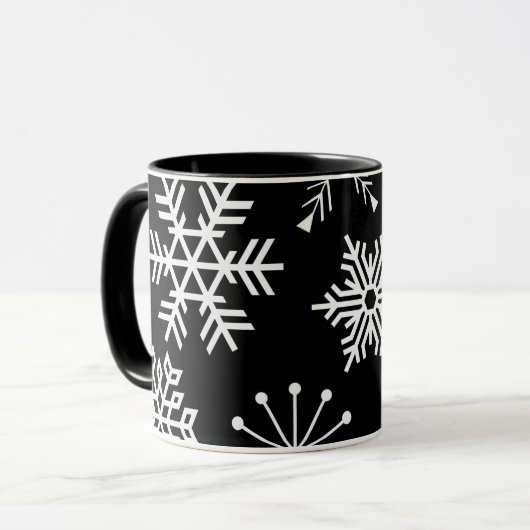 Sneeuwvlokken op Black Holiday Art Mok Cup (Voorkant links)