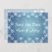 Sneeuwvlokken op blauw bruiloft Save the date Brie Aankondigingskaart (Voorkant / Achterkant)