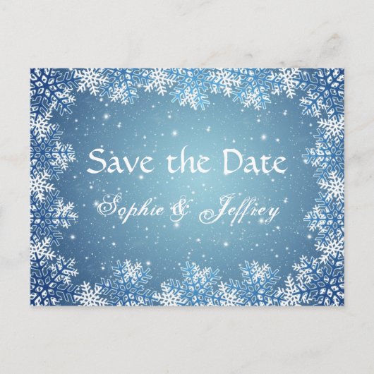 Sneeuwvlokken op blauw bruiloft Save the date Brie Aankondigingskaart (Voorkant)