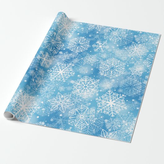 Sneeuwvlokken op blauw cadeaupapier (Uitgerold)