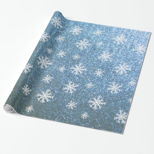 Sneeuwvlokken op blauw cadeaupapier (Uitgerold)