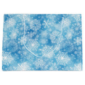 Sneeuwvlokken op blauw groot cadeauzakje (Voorkant)