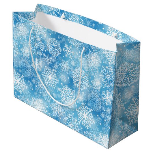 Sneeuwvlokken op blauw groot cadeauzakje (Achterkant Gekanteld)