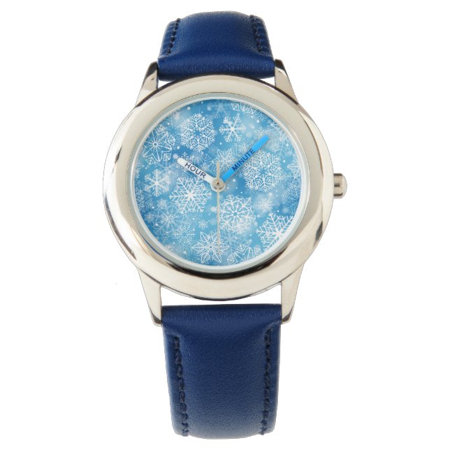 Sneeuwvlokken op blauw horloge (Voorkant)