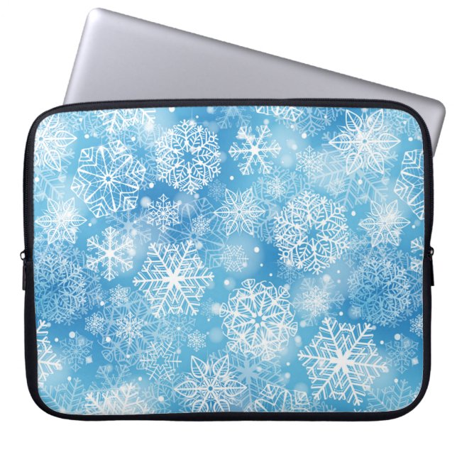 Sneeuwvlokken op blauw laptop sleeve (Voorkant)