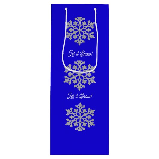 Sneeuwvlokken op blauwe cadeau wijn cadeautas (Voorkant)
