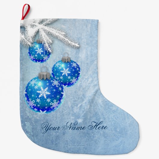 Sneeuwvlokken op Blauwe Ornaments Frost Grote Kerstsok (Voorkant)