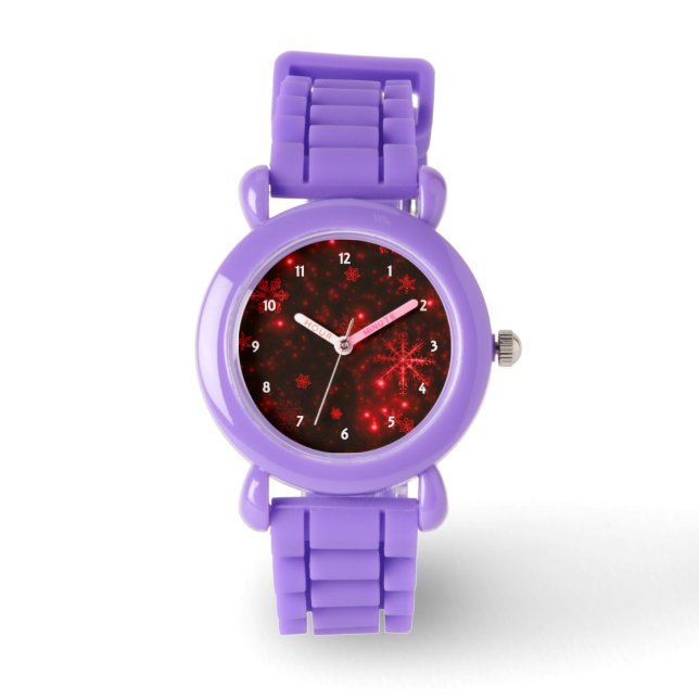 Sneeuwvlokken op Deep Red Achtergrond Horloge (Voorkant)